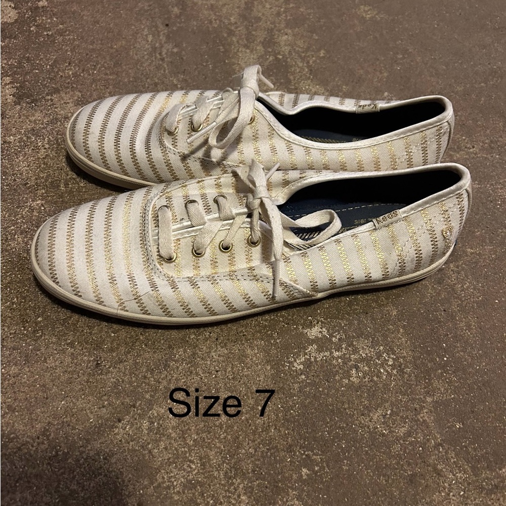 Kate Spade White and Gold Striped Flats
